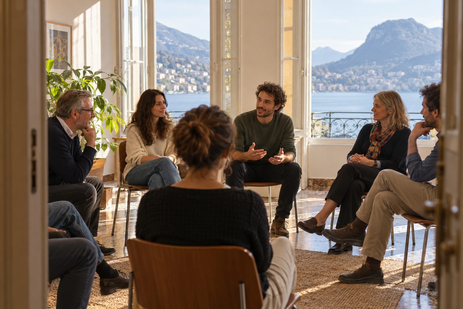 Adults seated in a loose conversation circle in a bright room.