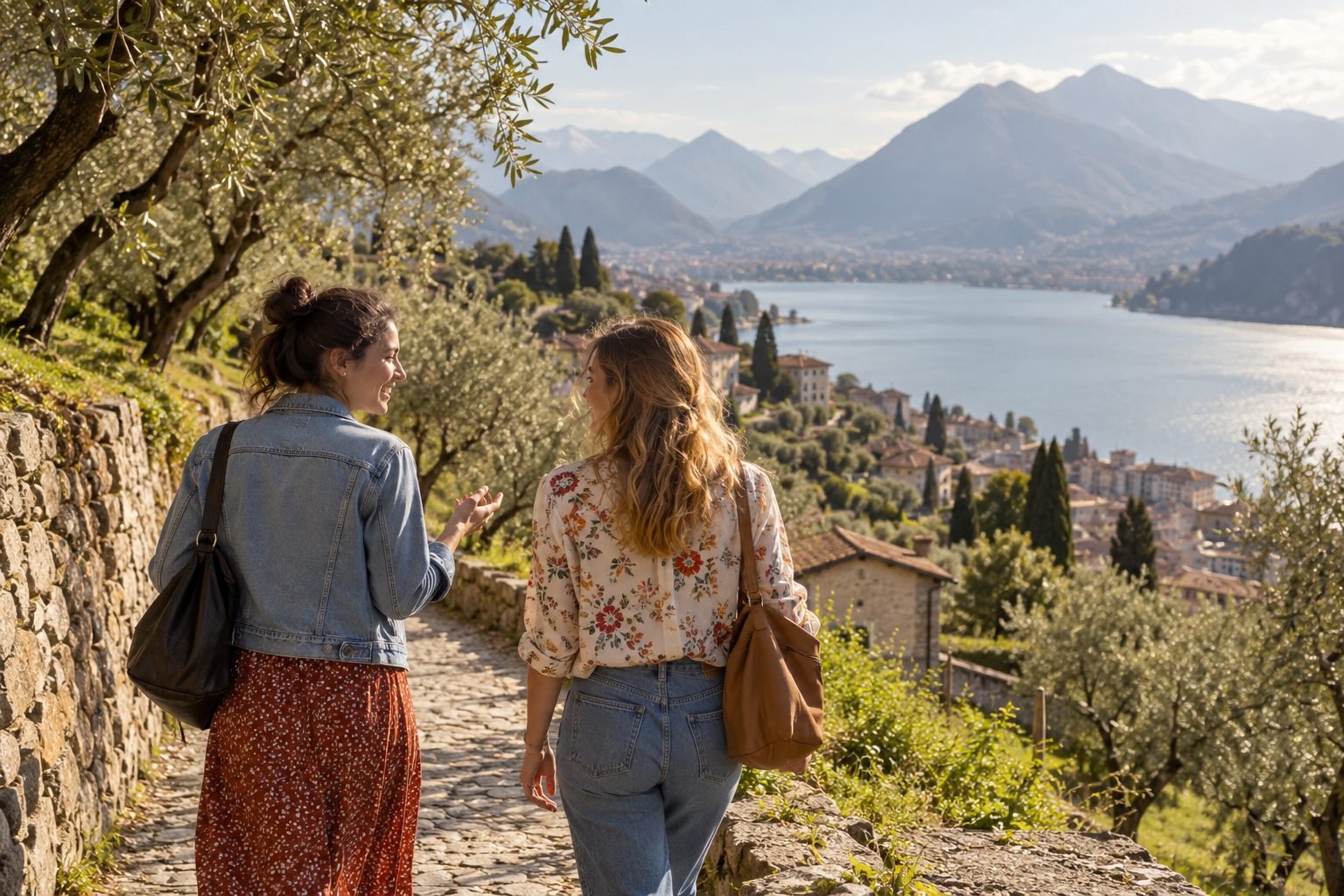 Two friends walking and talking along an olive grove path.