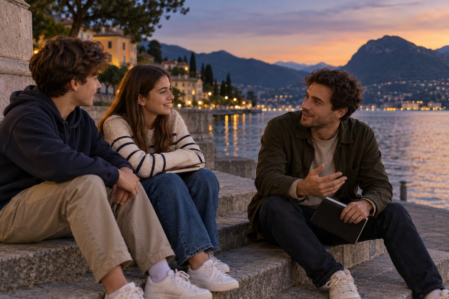 Two teenagers and a young adult talking on stone waterfront steps.