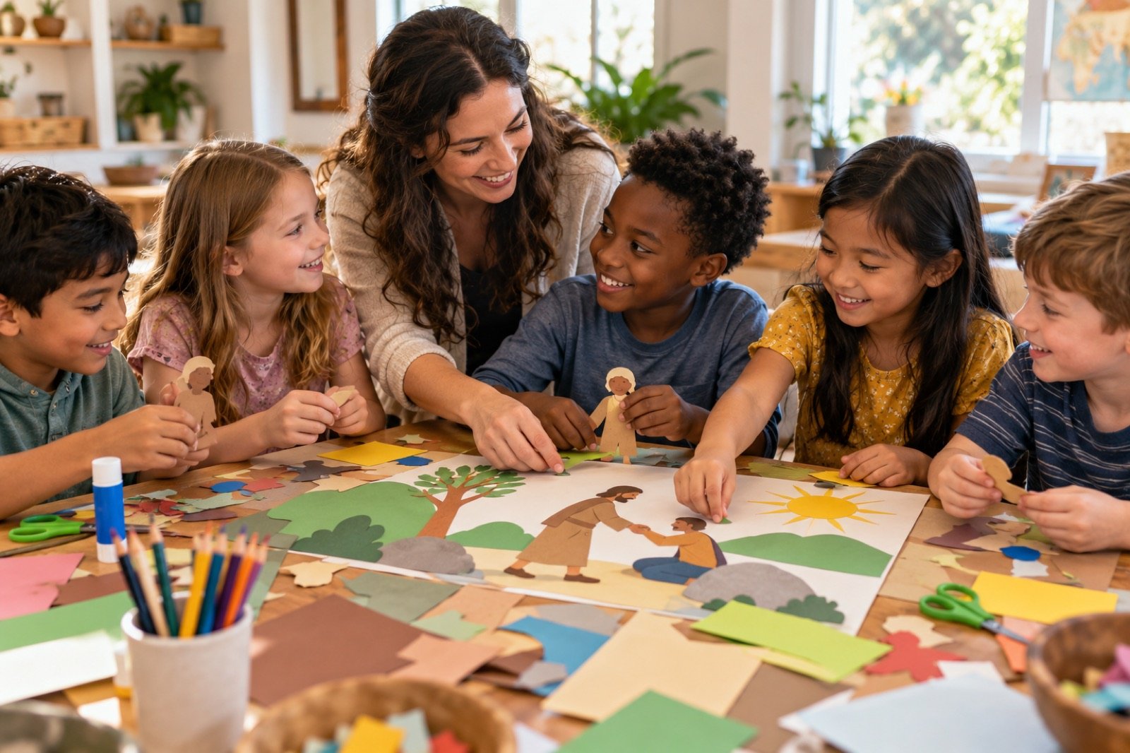 Children working together on colourful paper crafts with an adult.