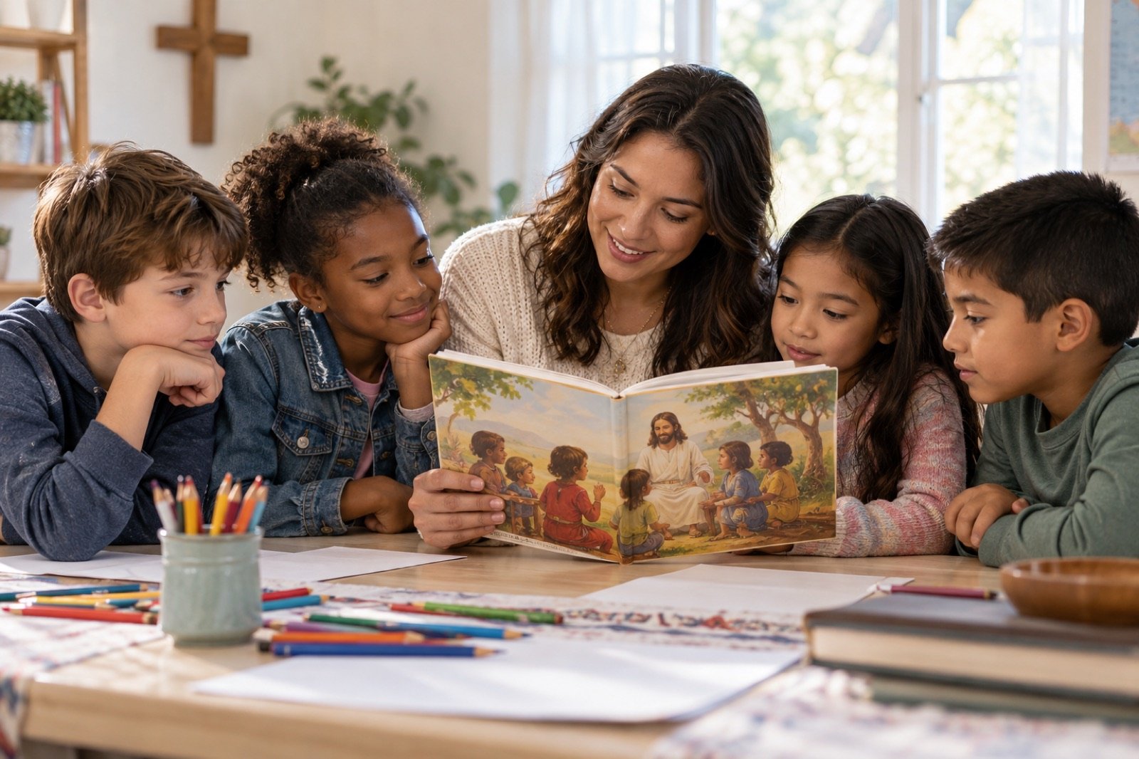 An adult reading an illustrated story with a group of children.