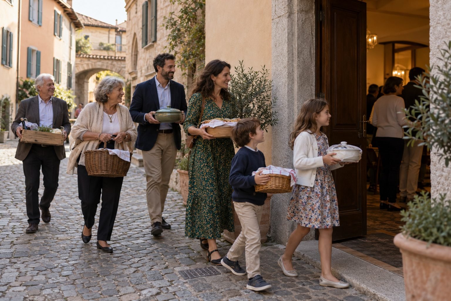 Neighbours carrying covered dishes toward a community hall doorway.