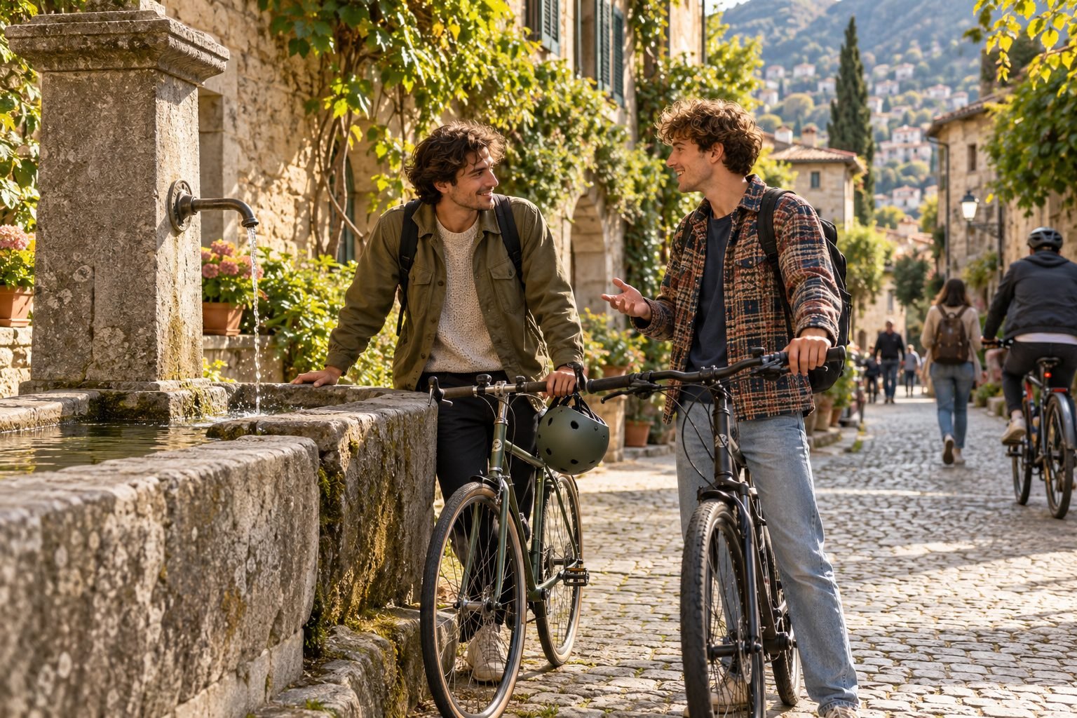 Two friends talking beside their bicycles at a village fountain.