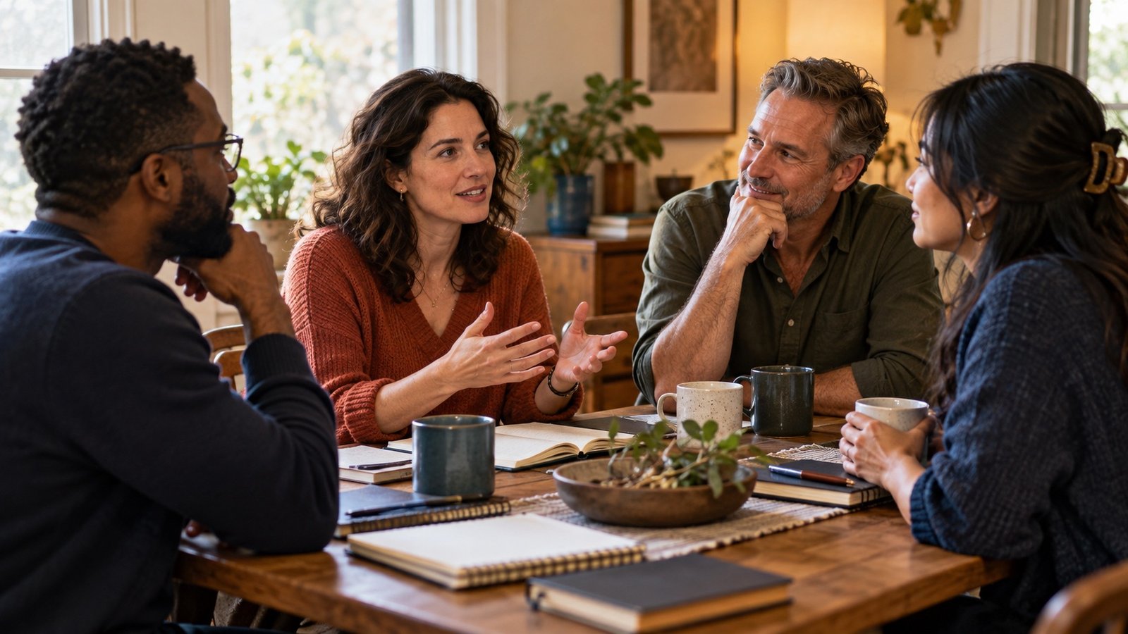 Adults talking thoughtfully around a wooden table.