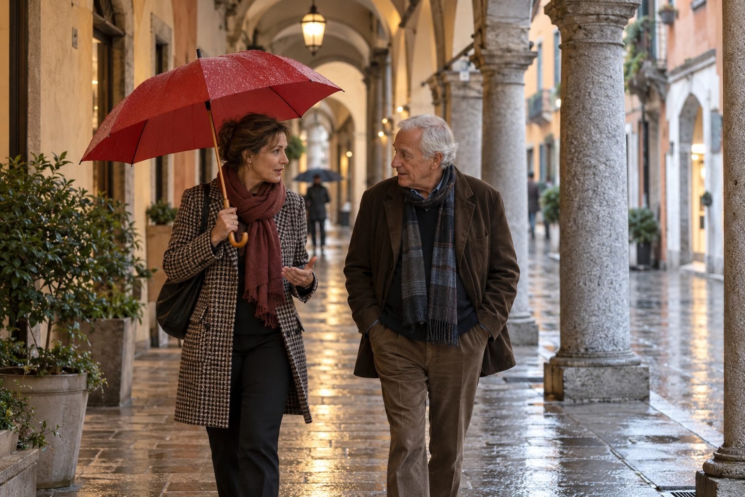 Two neighbours walking and talking under a town arcade in light rain.