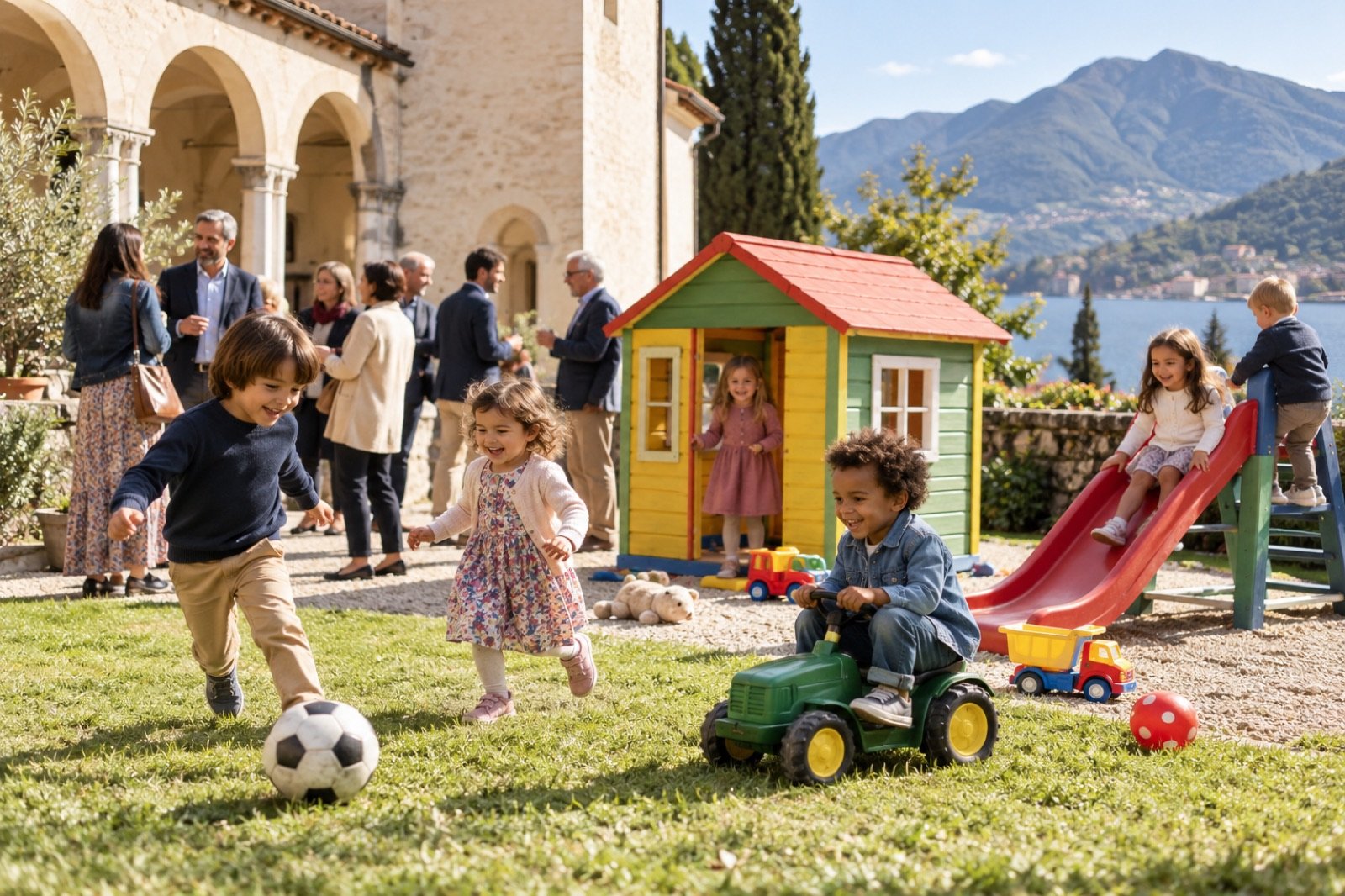 Children playing near a small Wendy house and toys outdoors.