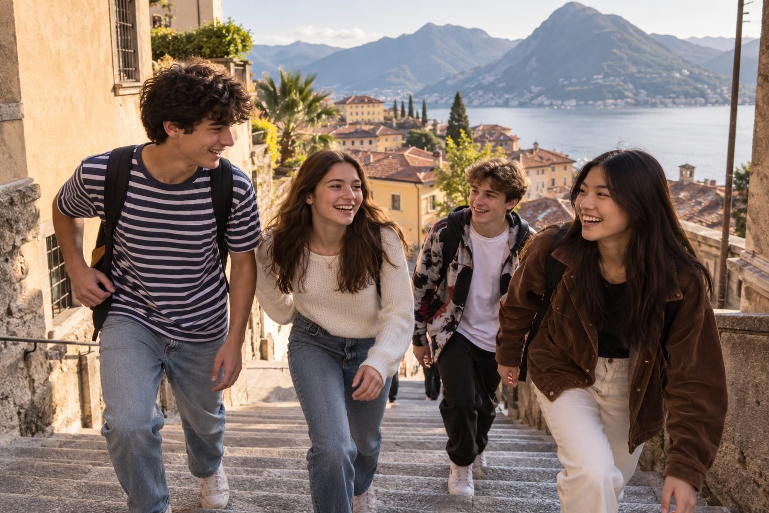 Four teenagers walking together up old-town steps.