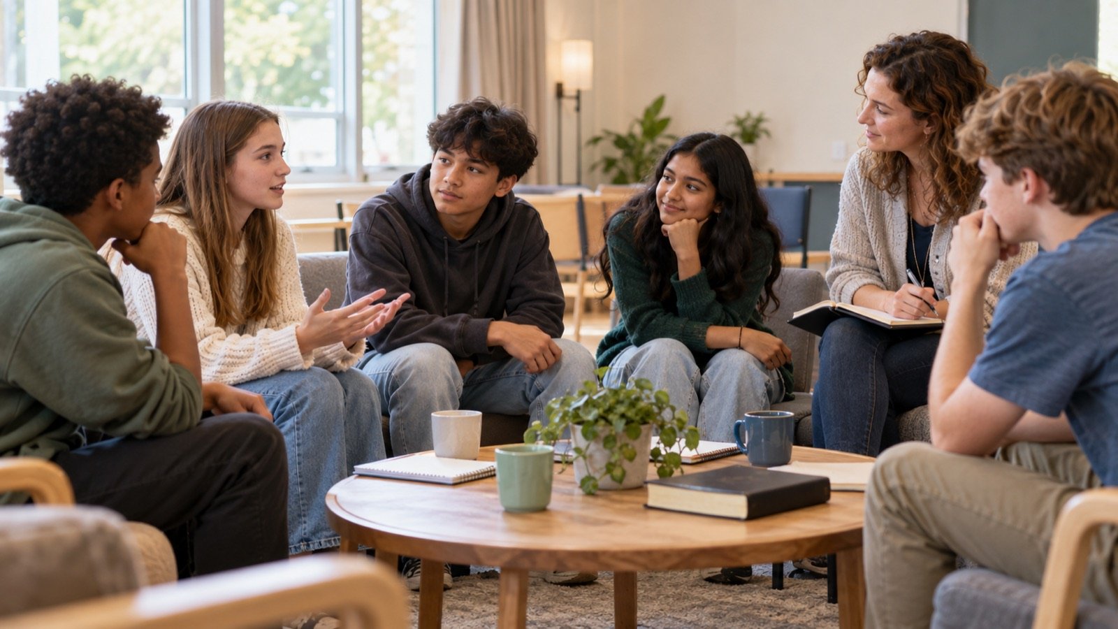 Young people in a relaxed conversation around a table.