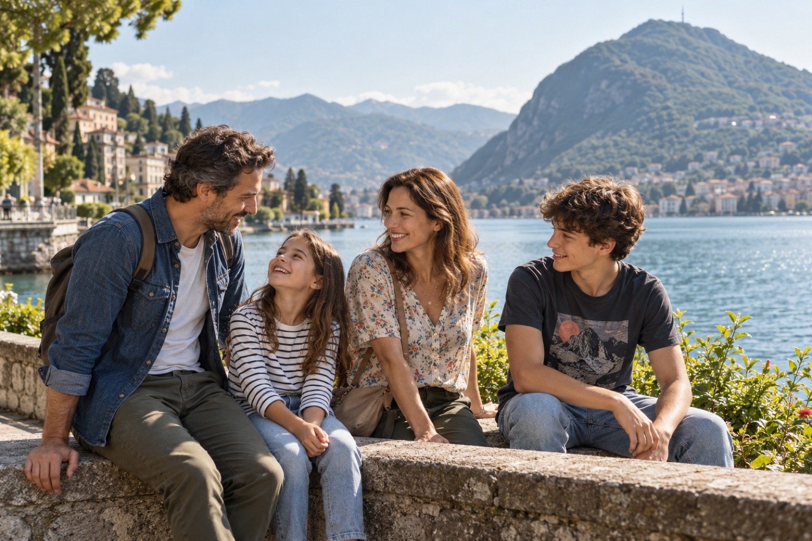 A family with children pausing along the Lugano lakefront.
