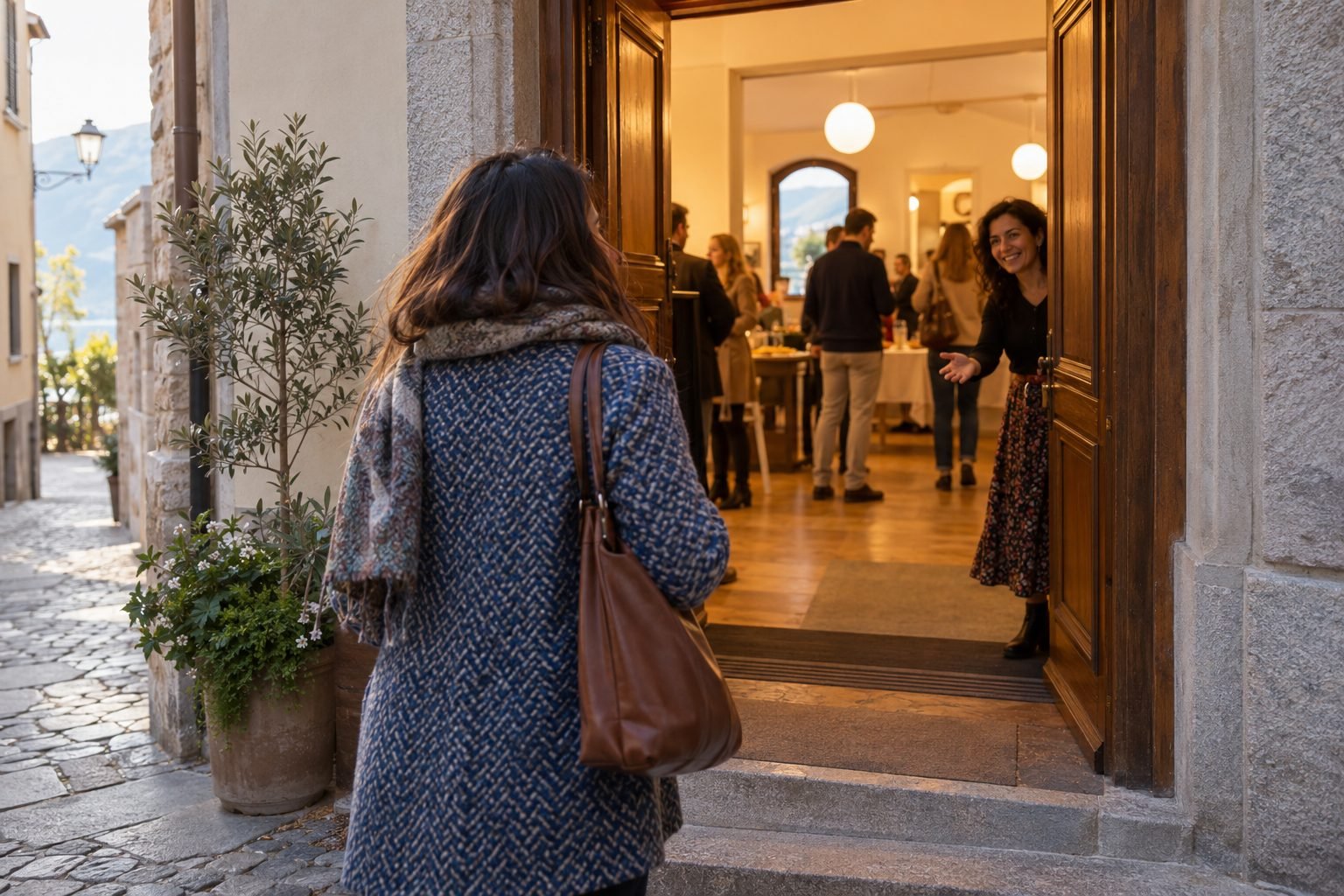 A newcomer approaches the open door of a welcoming community room.