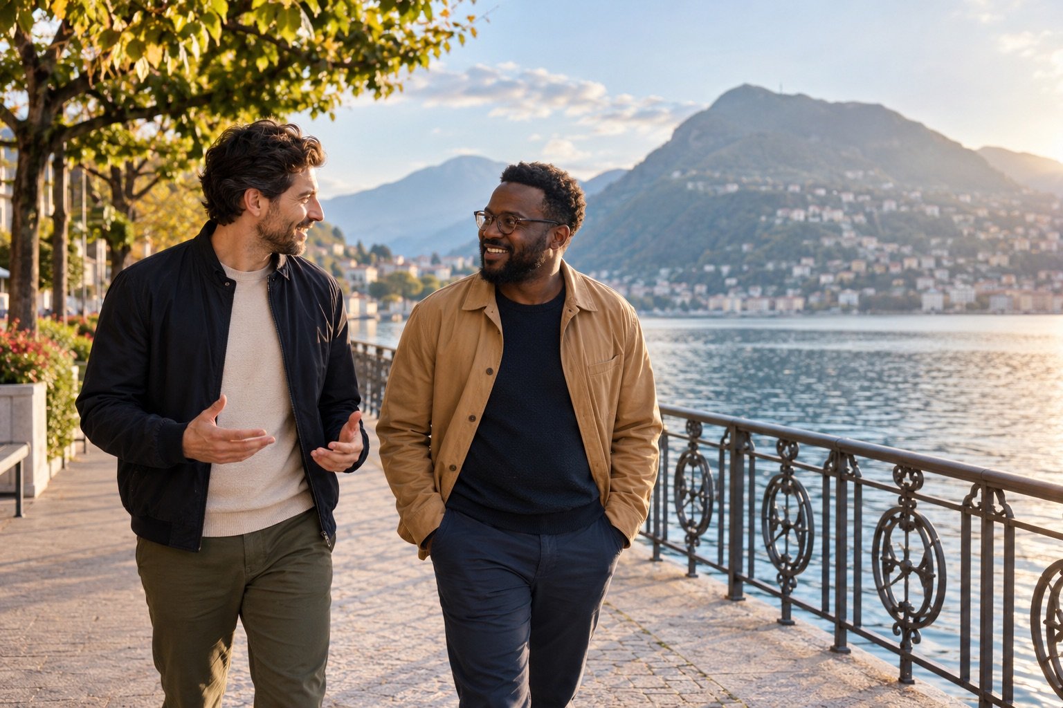 Two friends walking along the Lugano-inspired lakeside.