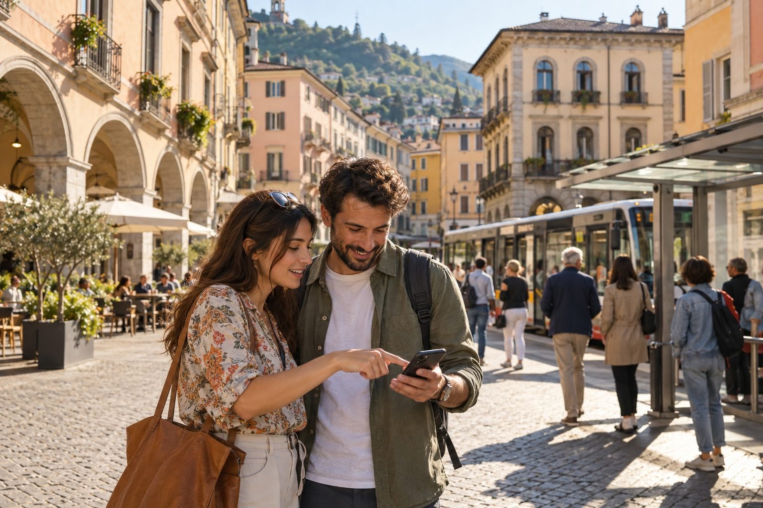 Two travellers checking a phone in a town square near a bus stop.
