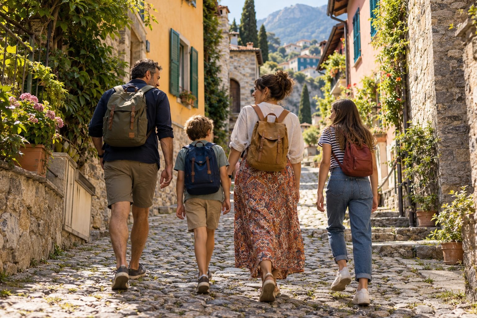 A family with daypacks walking up a cobbled hillside lane.