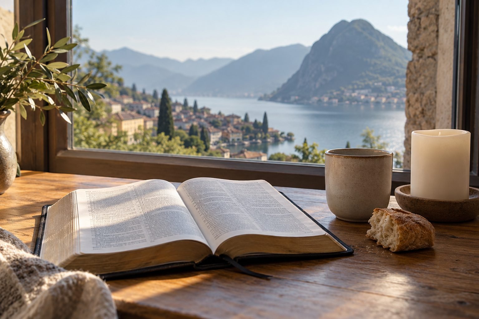 An open Bible, plain cup, bread and candle beside a window.